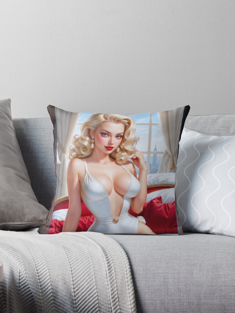 Vintage Pin Up Girl Illustration In A One Piece Swimsuit Mesmerizing AI Concept Art by Xzendor7 Decorative Art Print Throw Pillow