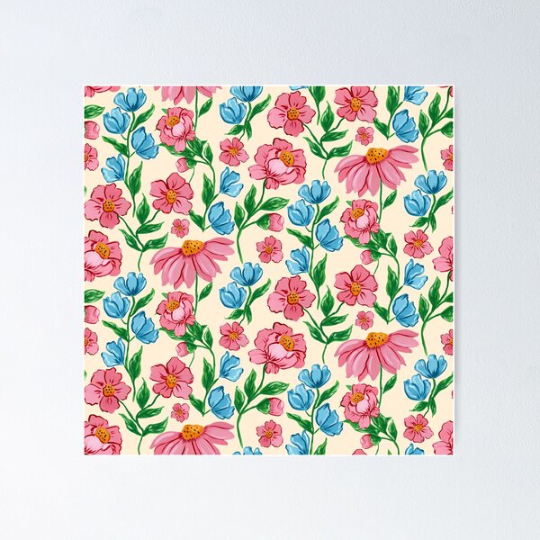 Item preview, Hand painted painterly feminine gouache pink flowers and blue flowers on a light yellow background designed and sold by JasmineGDesigns.
