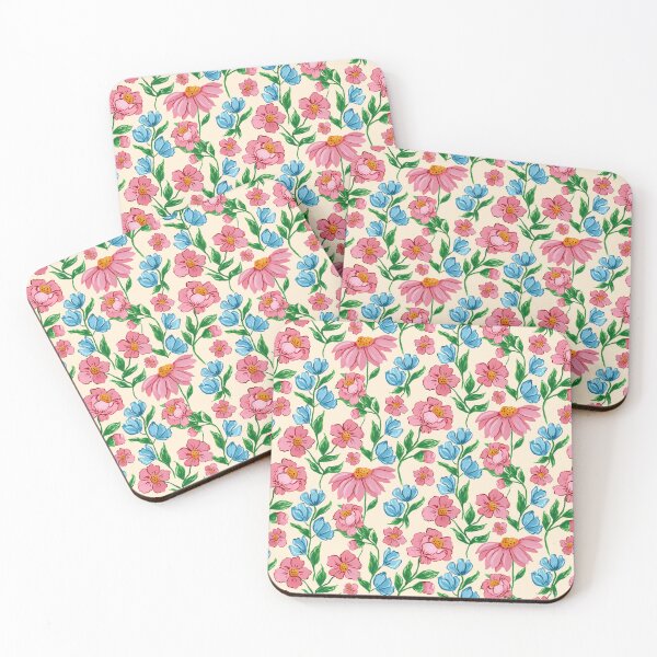 Item preview, Hand painted painterly feminine gouache pink flowers and blue flowers on a light yellow background designed and sold by JasmineGDesigns.