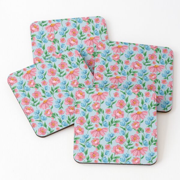 Item preview, Hand painted painterly feminine gouache pink flowers and blue flowers on a light blue background designed and sold by JasmineGDesigns.