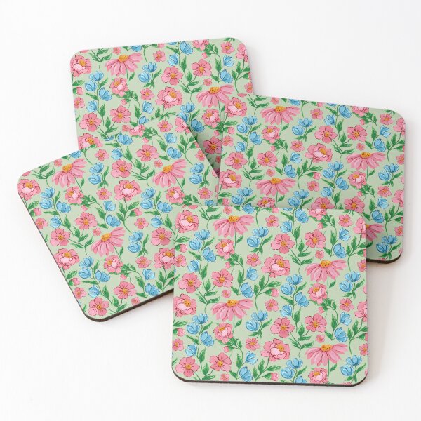 Item preview, Hand painted painterly feminine gouache pink flowers and blue flowers on a light green background designed and sold by JasmineGDesigns.