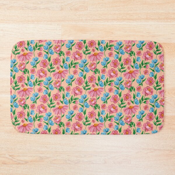 Item preview, Hand painted painterly feminine gouache pink flowers and blue flowers on a peach fuzz background designed and sold by JasmineGDesigns.