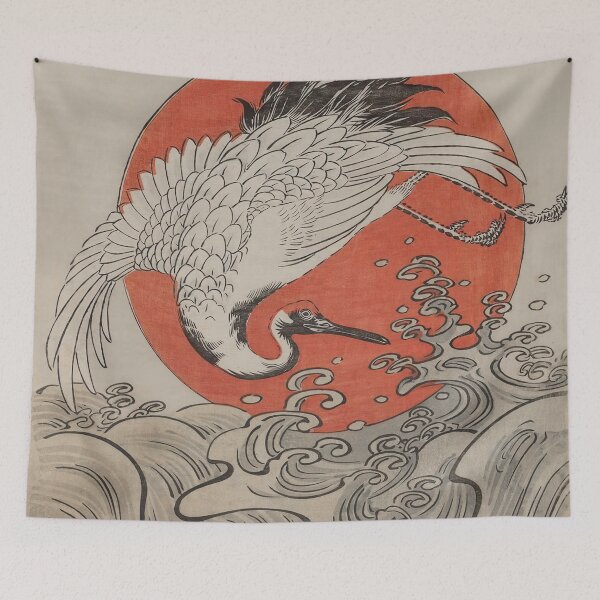 Item preview, Crane, Waves and Rising Sun Woodblock Isoda Koryusai designed and sold by Onodera.