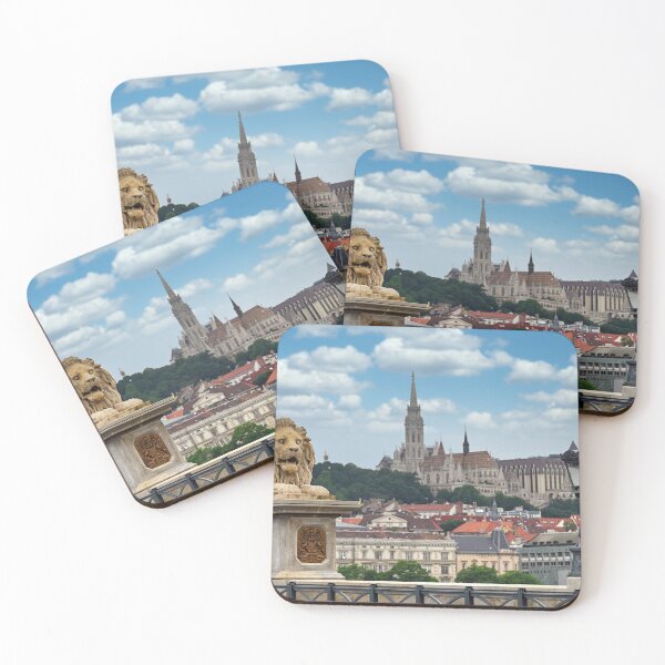 Item preview, Lion sculptures of the Chain Bridge with the view of Matthias church in Budapest, Hungary designed and sold by goceris.