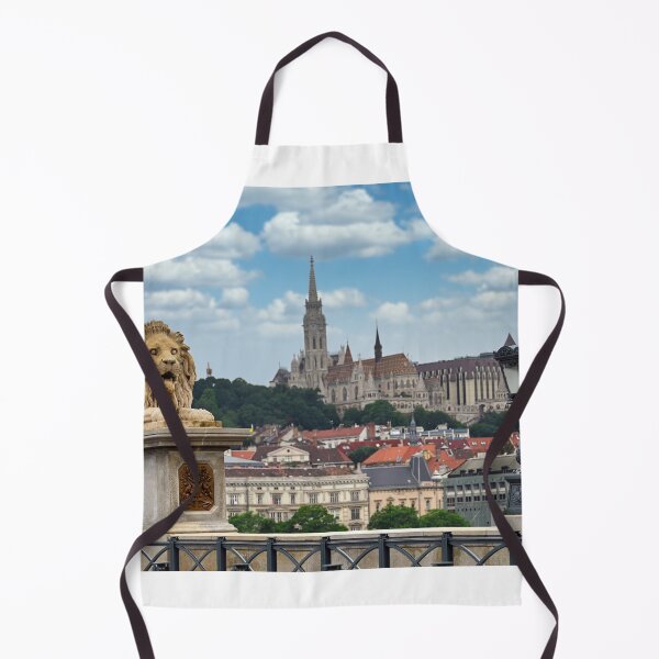 Item preview, Lion sculptures of the Chain Bridge with the view of Matthias church in Budapest, Hungary designed and sold by goceris.