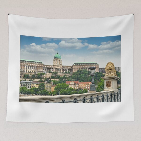 Item preview, Lion sculptures of the Chain Bridge with the view of  Royal palace of Buda in  Budapest, Hungary designed and sold by goceris.