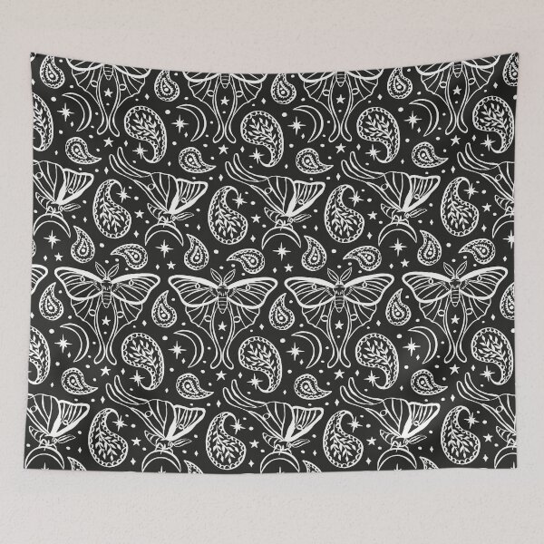 Item preview, Black and White Luna Moth with Paisley Motifs and Celestial Stars and Crescents Pattern designed and sold by paldronma.