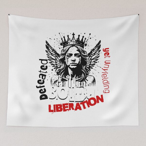 Item preview, an angel with crown and text " Defeated, yet Unyielding, LIBERATION " designed and sold by GabbyKI261.