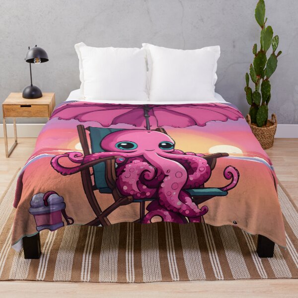 Item preview, Relaxing Octopus at Sunset Beach with Umbrella designed and sold by ArtsyWishesShop.