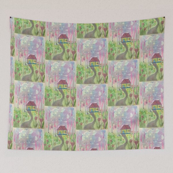 Item preview, Watercolor whimsical House with pink fantasy rain designed and sold by altairaleon.