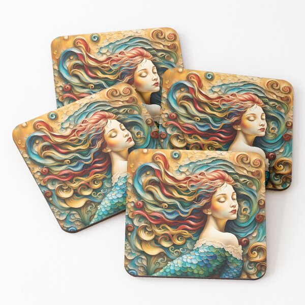 Item preview, A stone image of blue, red, yellow and green colored stones of a mermaid on the wall of a wax mural. designed and sold by medo306090.
