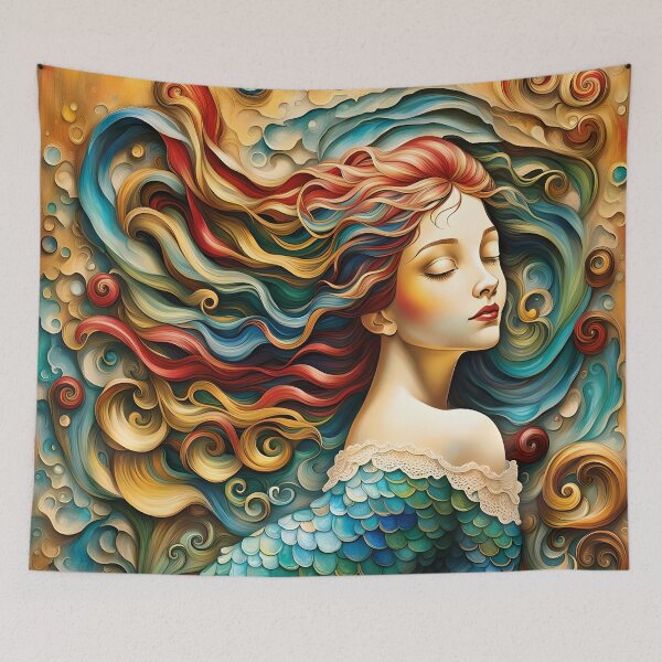 Item preview, A stone image of blue, red, yellow and green colored stones of a mermaid on the wall of a wax mural. designed and sold by medo306090.