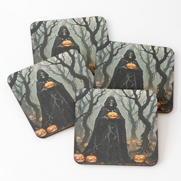 Item preview, Halloween Skeleton Wearing Black Hooded Cloak With Jack-O-Lantern  designed and sold by taiche.