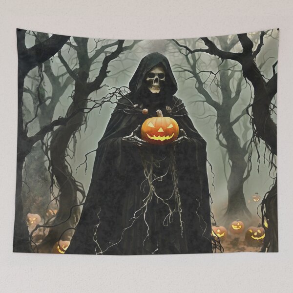 Item preview, Halloween Skeleton Wearing Black Hooded Cloak With Jack-O-Lantern  designed and sold by taiche.