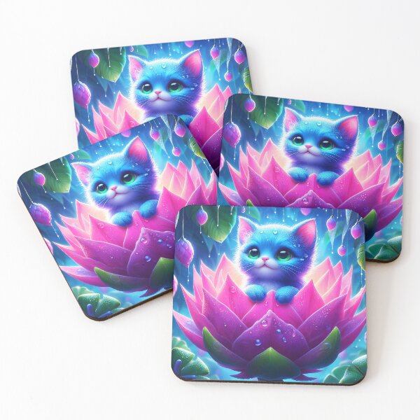Item preview, Blue cat in Pink pitaya: cute kitten in the pitaya magical art designed and sold by EmeraldeaArt.