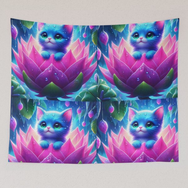 Item preview, Blue cat in Pink pitaya: cute kitten in the pitaya magical art designed and sold by EmeraldeaArt.
