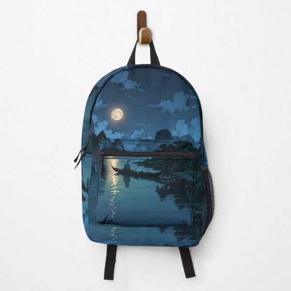 Item preview, A highly realistic night scene of a tranquil river flowing through a lush Chinese valley, surrounded by misty mountains designed and sold by Affinity Arts Co..