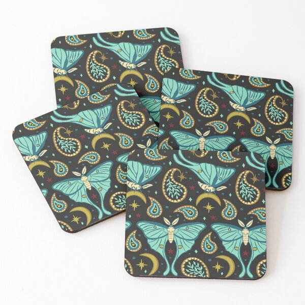 Item preview, Blue Luna Moths with Paisley and Stars and Moons on Black Pattern designed and sold by paldronma.