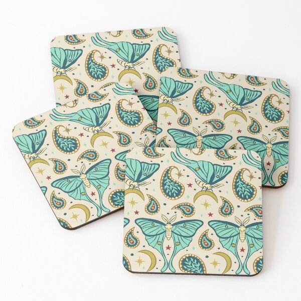 Item preview, Teal Luna Moths with Paisley and Stars and Moons Pattern on Beige Background designed and sold by paldronma.