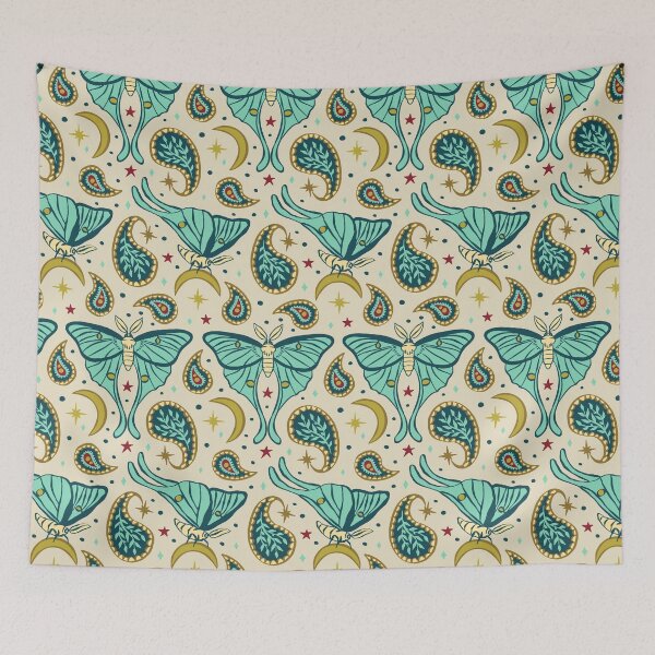Item preview, Teal Luna Moths with Paisley and Stars and Moons Pattern on Beige Background designed and sold by paldronma.
