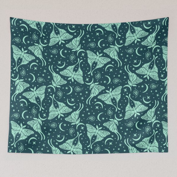 Item preview, Teal Luna Moths with Paisley and Stars and Moons Pattern on Blue Background designed and sold by paldronma.