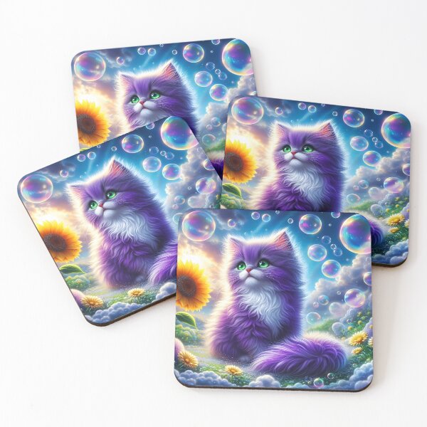 Item preview, Purple fluffy kitten among bubbles  on a meadow designed and sold by EmeraldeaArt.