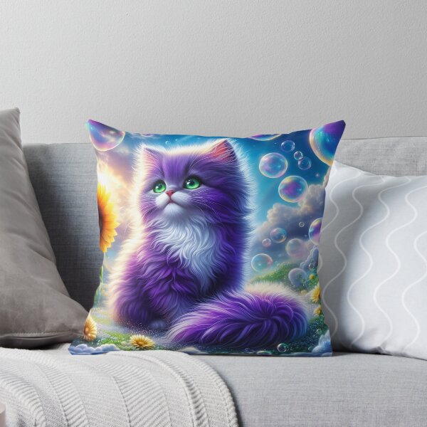 Item preview, Purple fluffy kitten among bubbles  on a meadow designed and sold by EmeraldeaArt.