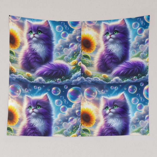 Item preview, Purple fluffy kitten among bubbles  on a meadow designed and sold by EmeraldeaArt.