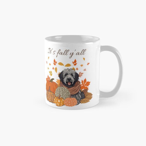 Item preview,  'It's Fall Y'all - Cozy Belgian Bergamasco shepherd with Pumpkins and Leaves" designed and sold by GoodyPaws.