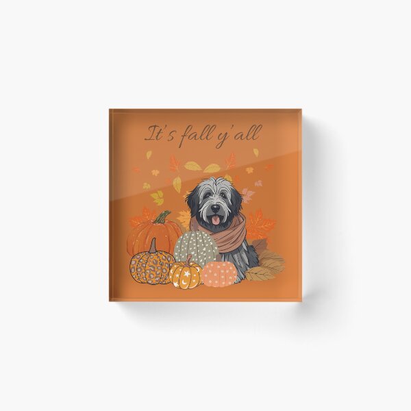 Item preview,  'It's Fall Y'all - Cozy Belgian Bergamasco shepherd with Pumpkins and Leaves" designed and sold by GoodyPaws.