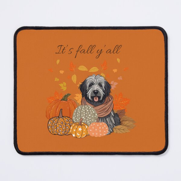 Item preview,  'It's Fall Y'all - Cozy Belgian Bergamasco shepherd with Pumpkins and Leaves" designed and sold by GoodyPaws.