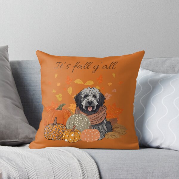 Item preview,  'It's Fall Y'all - Cozy Belgian Bergamasco shepherd with Pumpkins and Leaves" designed and sold by GoodyPaws.