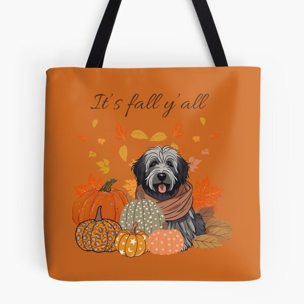 Item preview,  'It's Fall Y'all - Cozy Belgian Bergamasco shepherd with Pumpkins and Leaves" designed and sold by GoodyPaws.