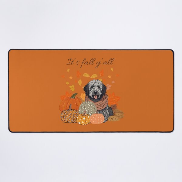 Item preview, 'It's Fall Y'all - Cozy Belgian Bergamasco shepherd with Pumpkins and Leaves" designed and sold by GoodyPaws.