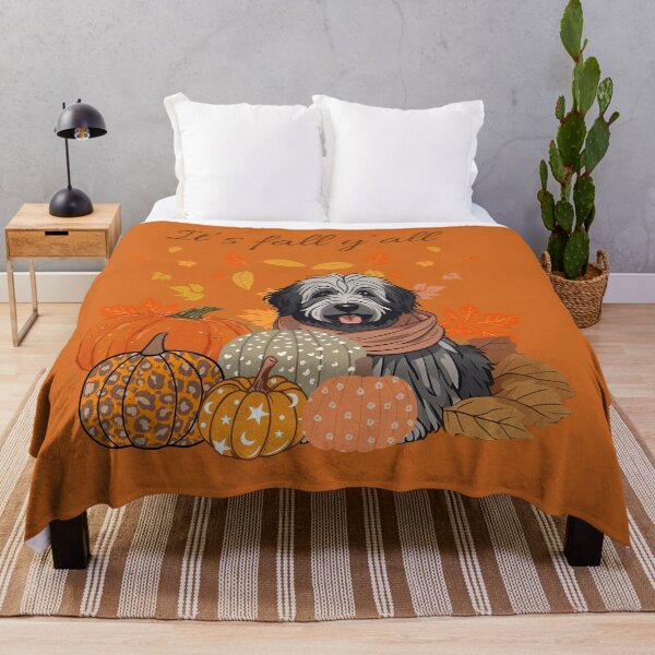 Item preview, 'It's Fall Y'all - Cozy Belgian Bergamasco shepherd with Pumpkins and Leaves" designed and sold by GoodyPaws.