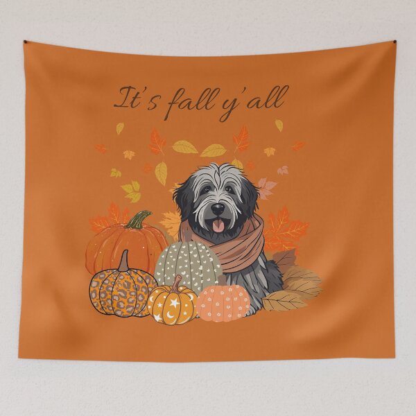 Item preview,  'It's Fall Y'all - Cozy Belgian Bergamasco shepherd with Pumpkins and Leaves" designed and sold by GoodyPaws.