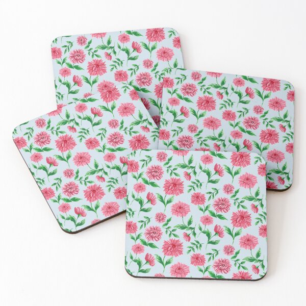Item preview, Hand painted pink and red painterly chrysanthemum flowers in a lush flower garden on a light blue background designed and sold by JasmineGDesigns.
