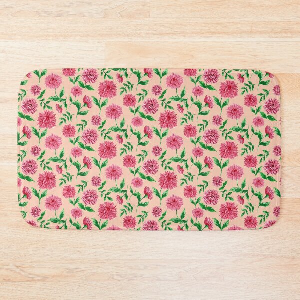 Item preview, Hand painted pink and red painterly chrysanthemum flowers in a lush flower garden on a light peach background designed and sold by JasmineGDesigns.