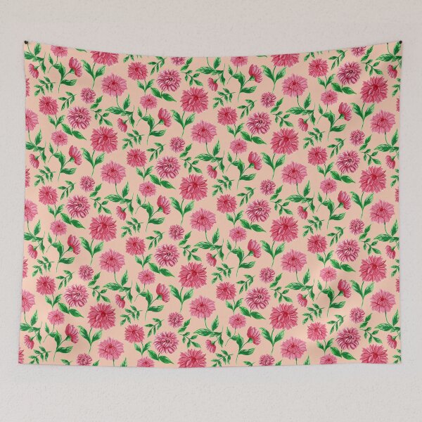 Item preview, Hand painted pink and red painterly chrysanthemum flowers in a lush flower garden on a light peach background designed and sold by JasmineGDesigns.