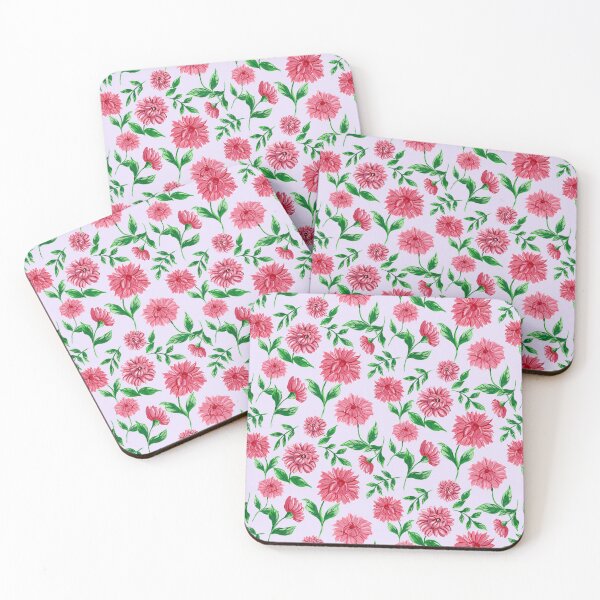 Item preview, Hand painted pink and red painterly chrysanthemum flowers in a lush flower garden on a light purple background designed and sold by JasmineGDesigns.