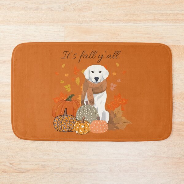 Item preview, 'It's Fall Y'all - Cozy Kuvasz with Pumpkins and Leaves" designed and sold by GoodyPaws.
