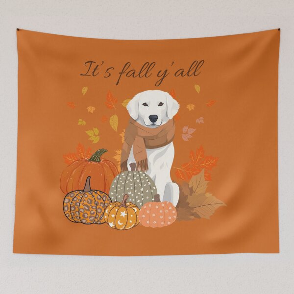 Item preview, 'It's Fall Y'all - Cozy Kuvasz with Pumpkins and Leaves" designed and sold by GoodyPaws.