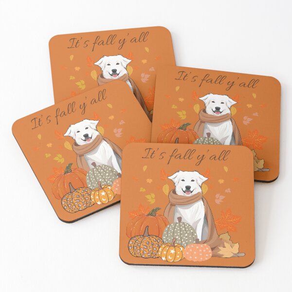 Item preview, 'It's Fall Y'all - Cozy Kuvasz with Pumpkins and Leaves" designed and sold by GoodyPaws.