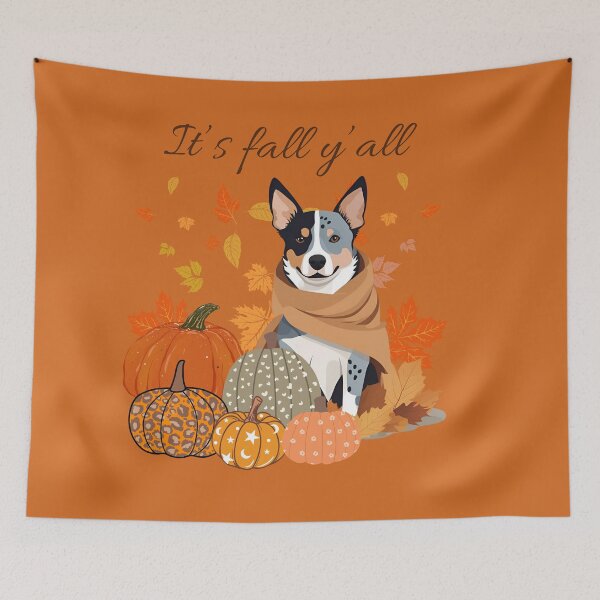 Item preview, 'It's Fall Y'all - Cozy Australian Cattle Dog  with Pumpkins and Leaves" designed and sold by GoodyPaws.