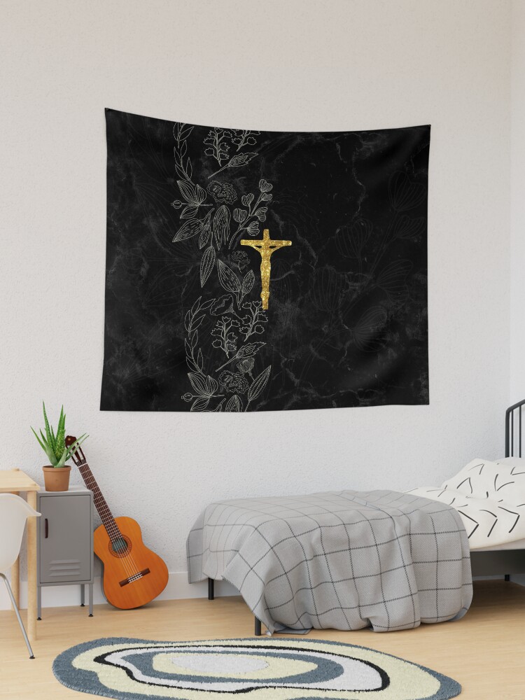 Golden Christian Jesus Christ Cross on black floral marble pattern Tapestry for Sale by ChristianStore Redbubble