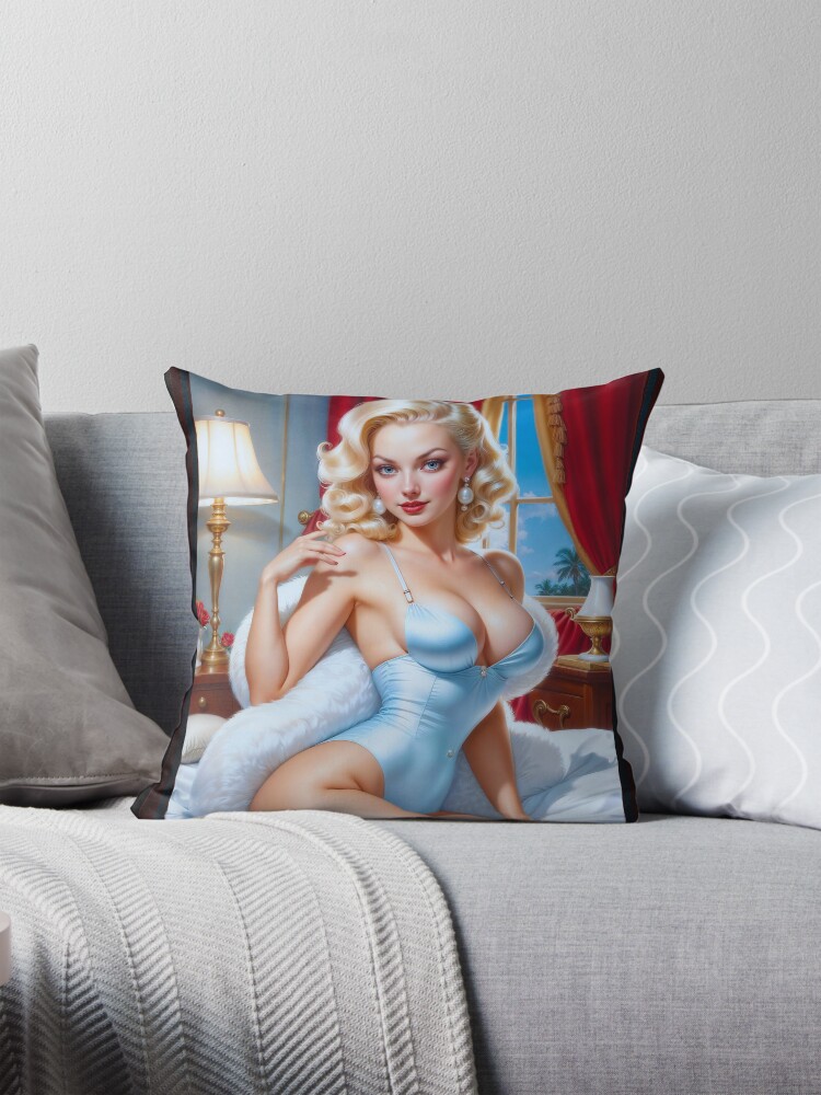 Vintage Pin Up Girl In Blue Lingerie AI Concept Art by Xzendor7 - A Retro Blonde Beauty 4 Vintage Pin Up Girl In Blue Lingerie Gorgeous AI Concept Art by Xzendor7 Decorative Art Print Throw Pillow