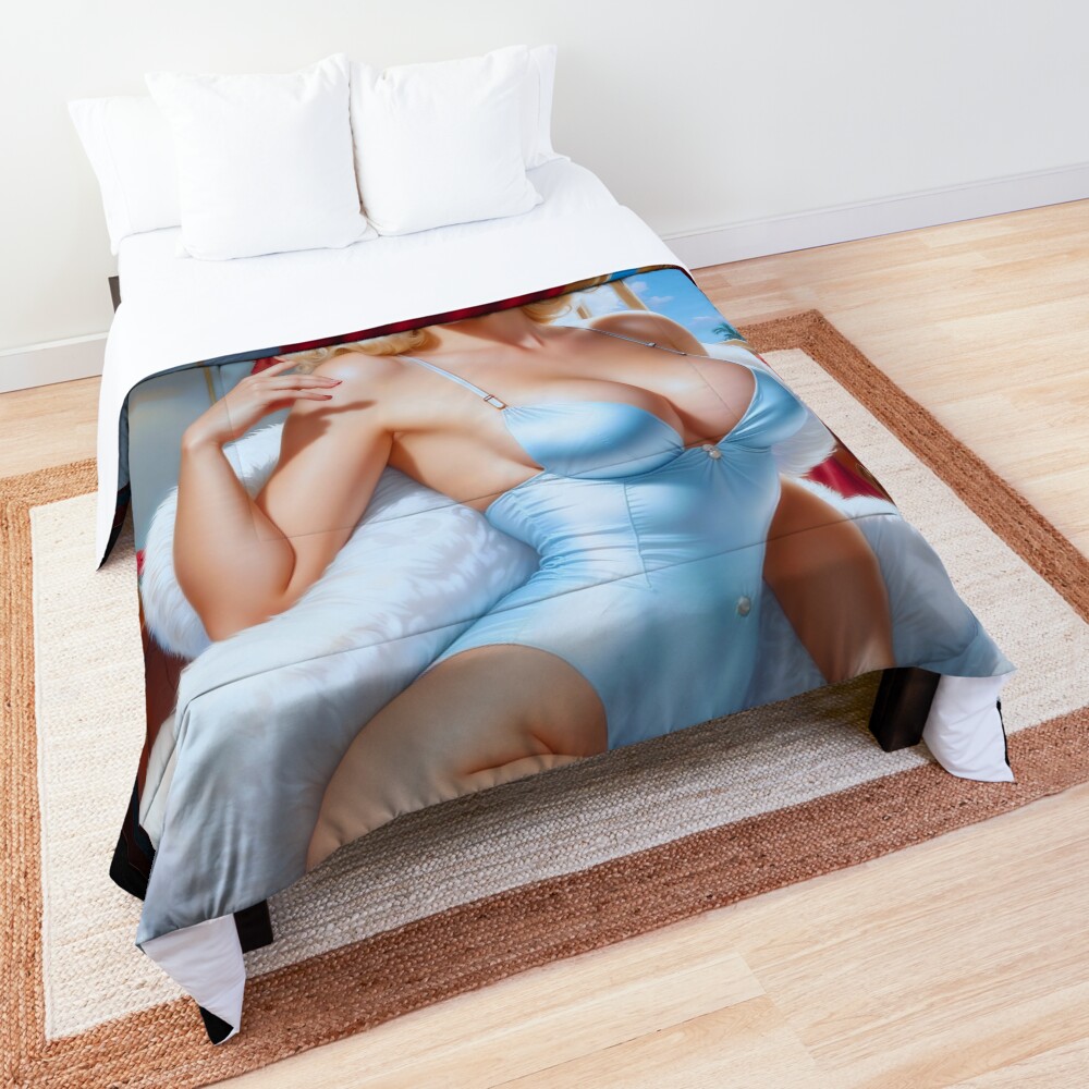 Vintage Pin Up Girl In Blue Lingerie AI Concept Art by Xzendor7 - A Retro Blonde Beauty 3 Vintage Pin Up Girl In Blue Lingerie Gorgeous AI Concept Art by Xzendor7 Decorative Art Print Comforter