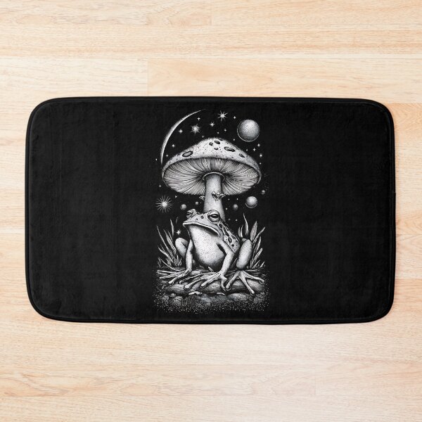 Item preview, Frog under mushroom in a dark forest celestial theme sky - ink hand draw goblincore fairy  designed and sold by Fantasy Cache.
