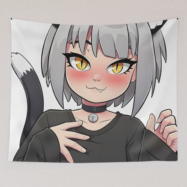 Item preview, Charming Silver-Haired Catgirl – Cute & Playful Design with Black T-Shirt & Bell Collar designed and sold by ByteyCreatives.