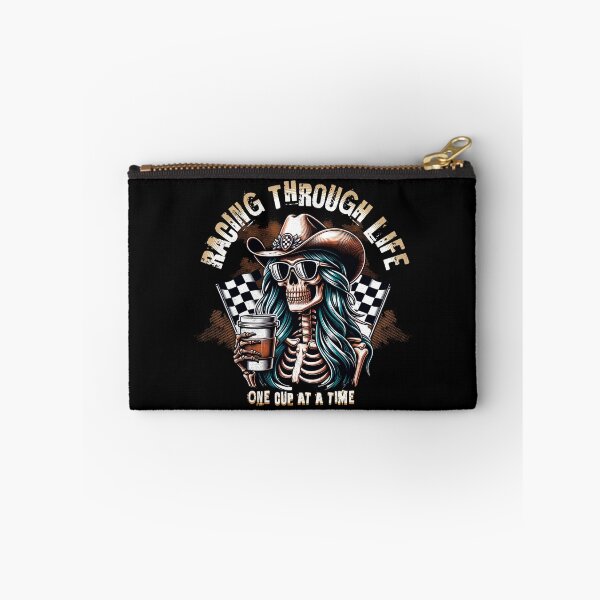 Item preview, Racing Through Life One Cup At A Time Cool Cowgirl Skull Skeleton Checkered Flag Racing Cars Coffee Caffeine Cup of Coffee designed and sold by CarantinedChaos.